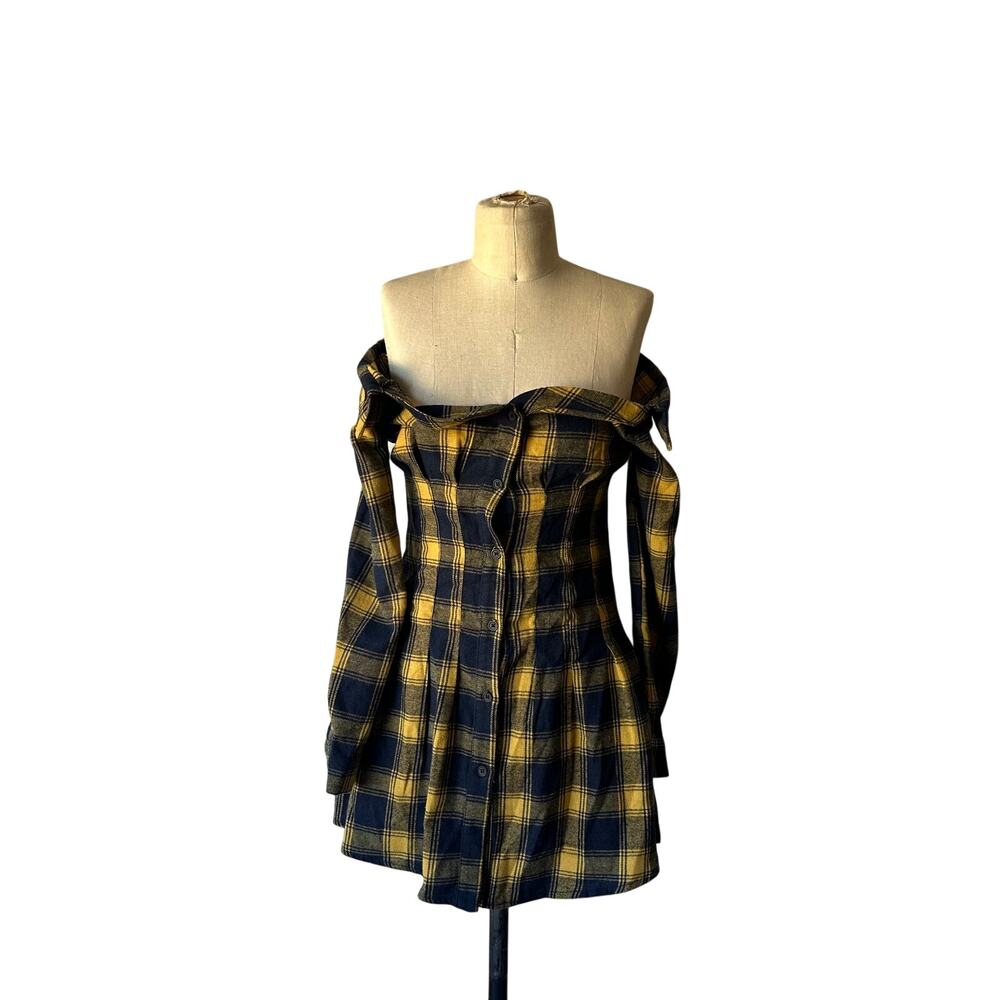 Fashion Nova Dixie Plaid Shirt Mini Dress in Mustard and Black